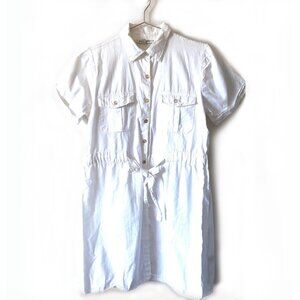 Speed Limit lightweight white utility cotton shirt dress w rose gold button, M
